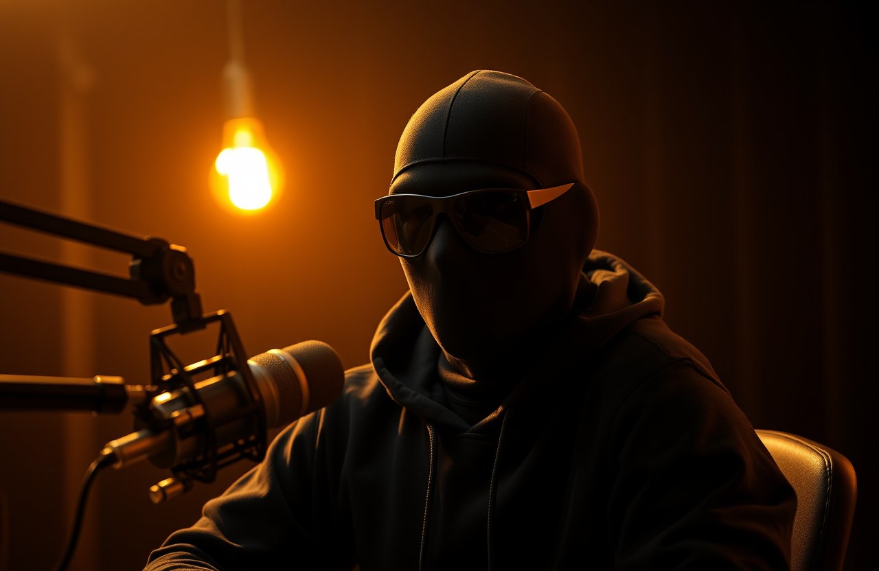 The host of OffRatio, photographed in a black balaclava and dark glasses at a studio microphone. His identity is deliberately concealed.
